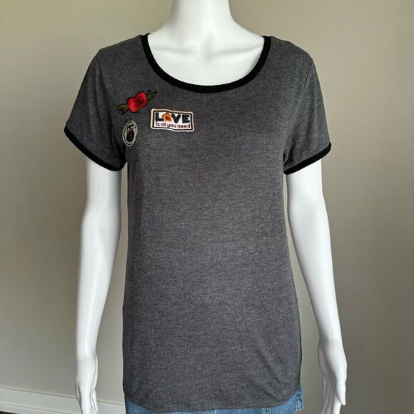 Y2K Love Is All You Need Embroidered Patches Ringer Tee - Picture 1 of 8